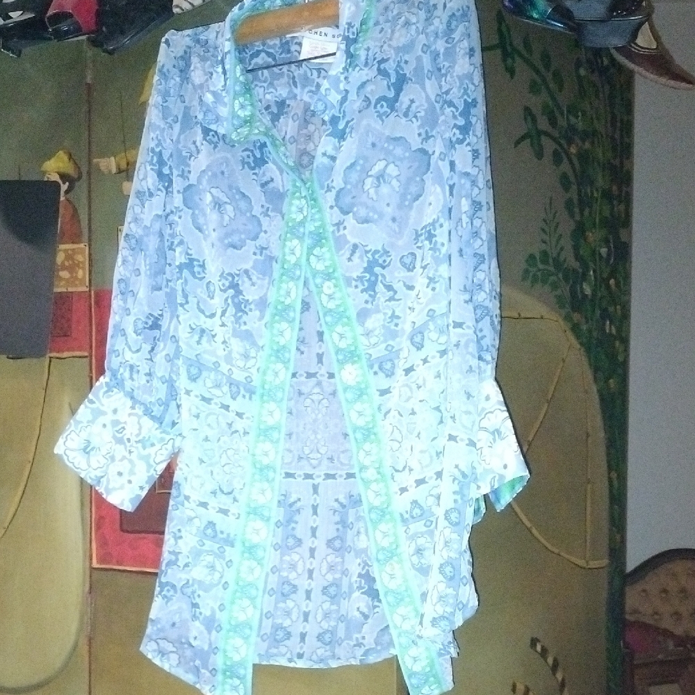 Gretchen Scott Romantic Blue and Green Floral Top